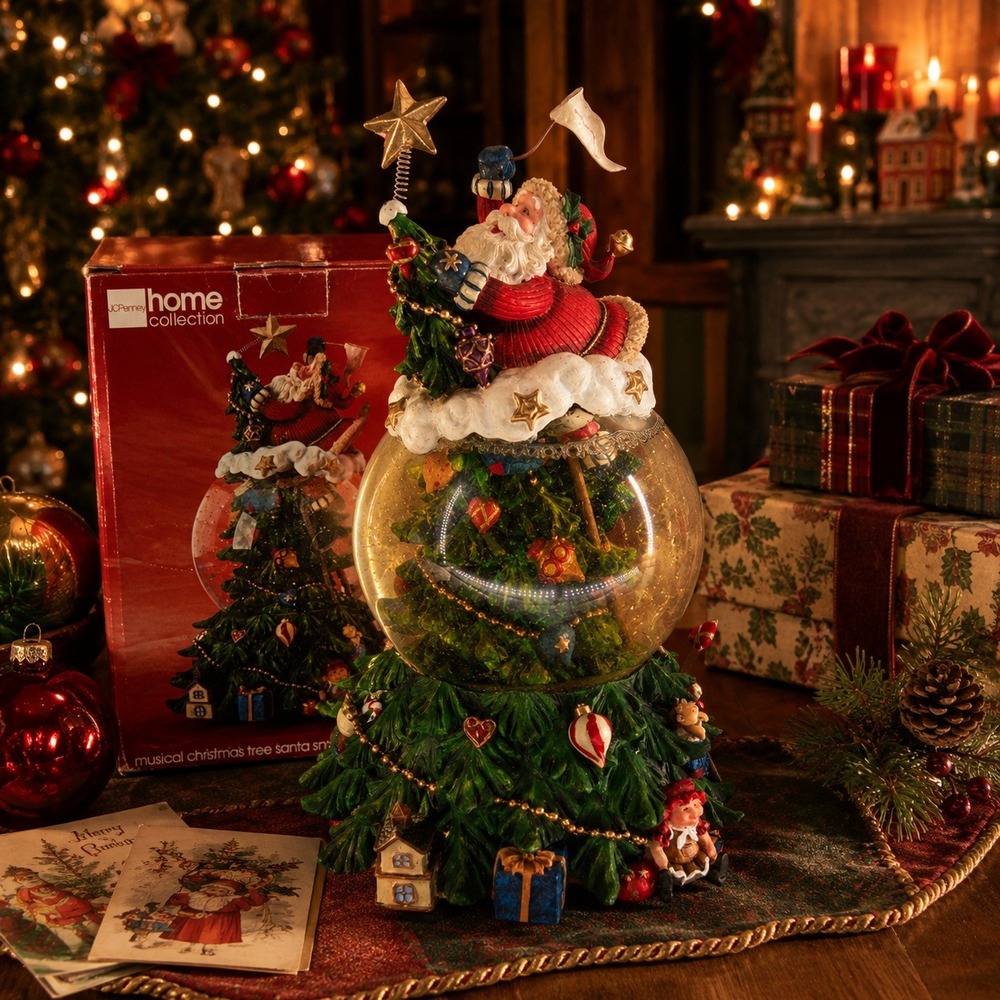 Vintage JCPenney Musical Santa Christmas Tree Snow Globe 2005 Box